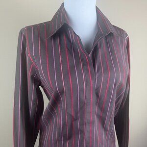 Talbots Wrinkle Resistant Long Sleeve Blouse Size 8 Brown Red Pink, Stripes